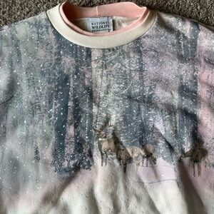 Vintage National Wildlife Federation Women's Pink Deer Print Crewneck Sweater